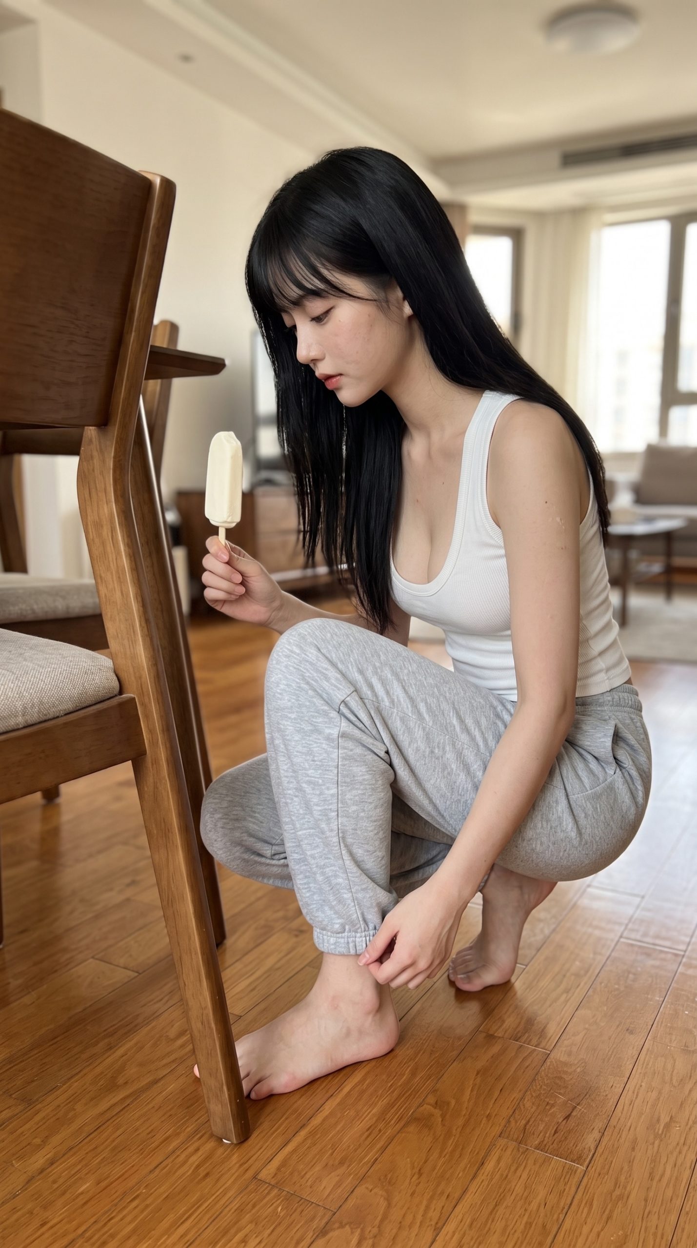 室内でしゃがみながらアイスキャンディーを持つ黒髪の女性