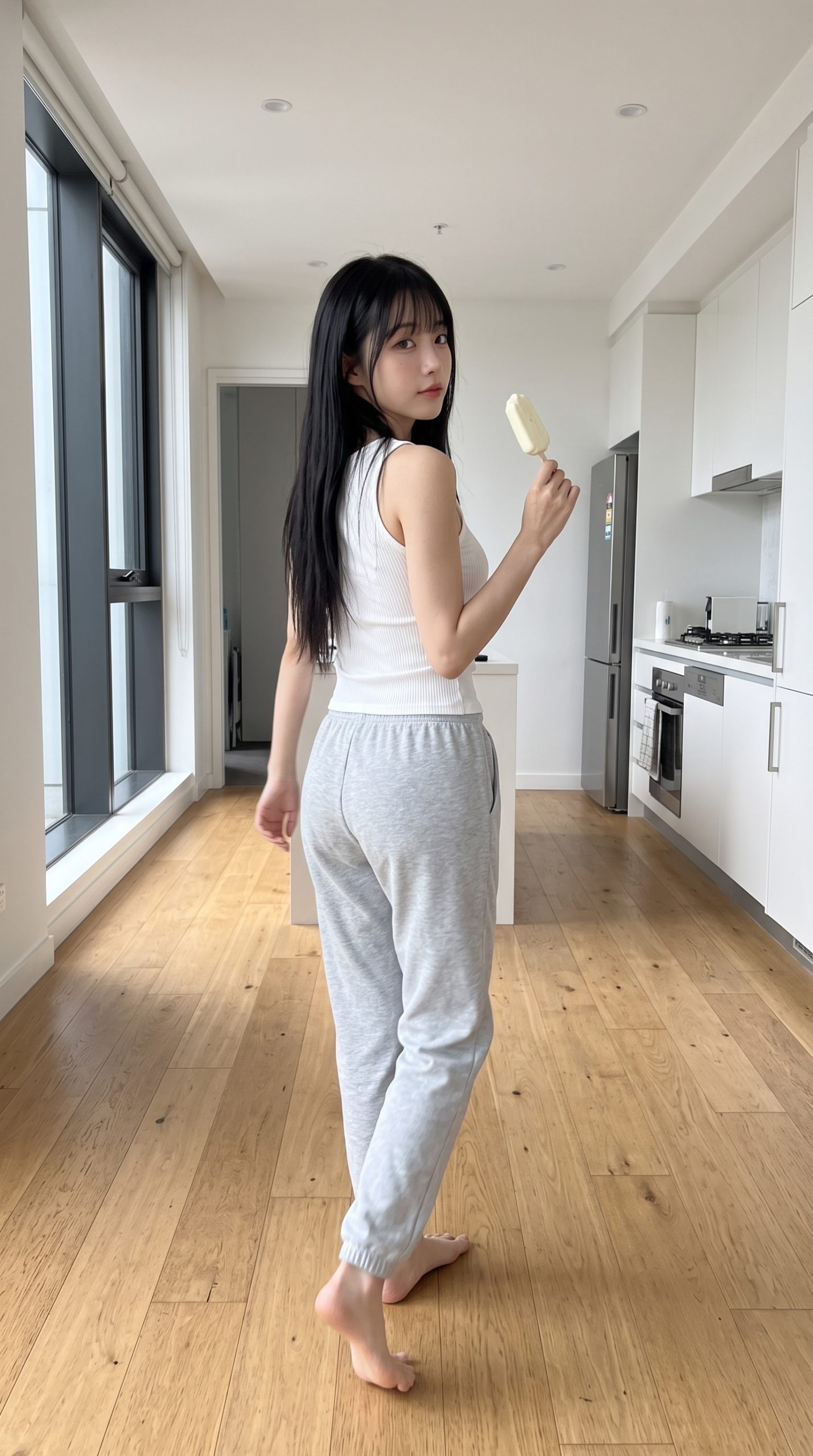 白を基調とした部屋で、アイスキャンディーを手にして振り返る女性