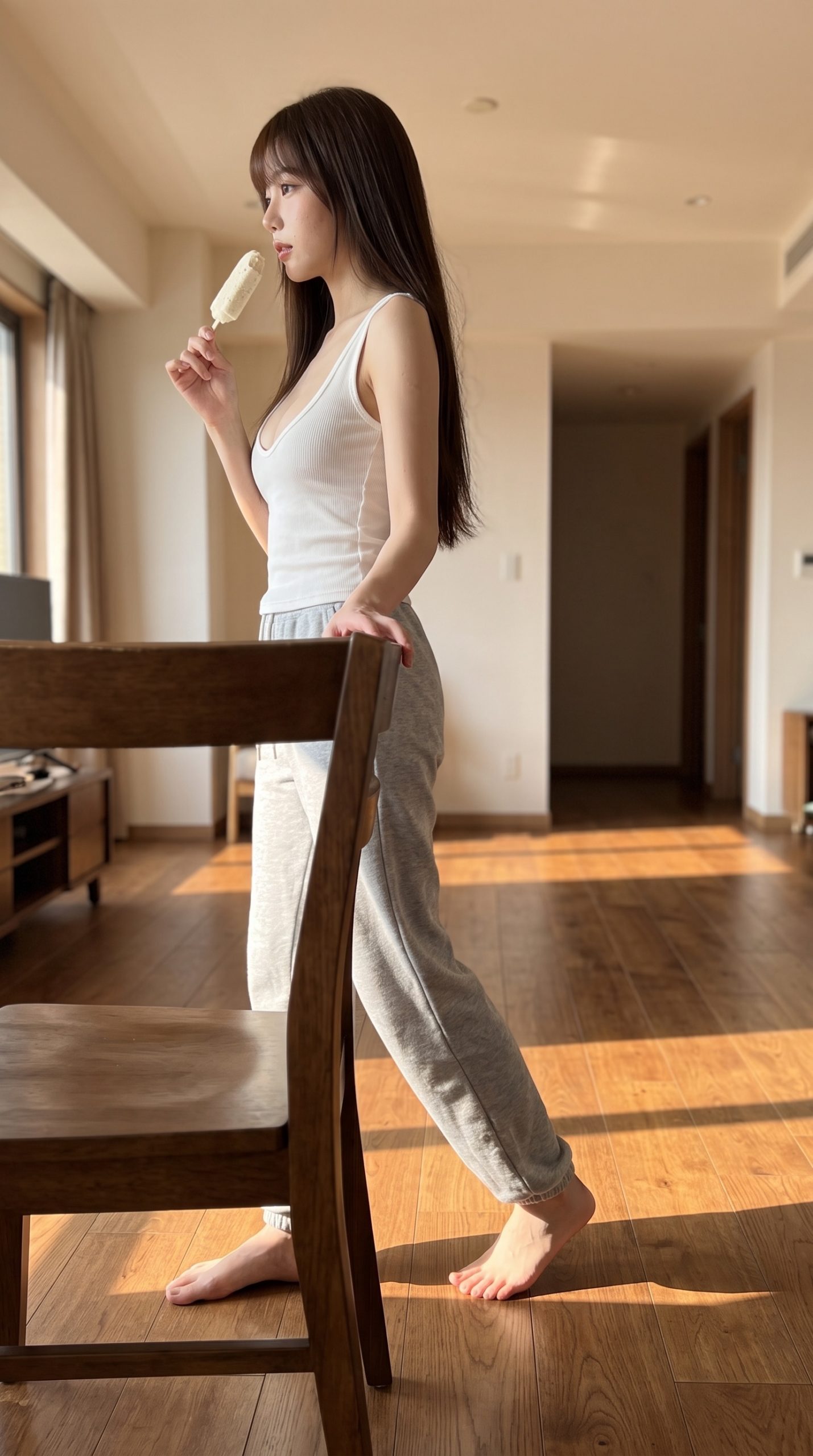 日当たりの良い部屋で、白いタンクトップ姿の女性がアイスキャンディーを持っている
