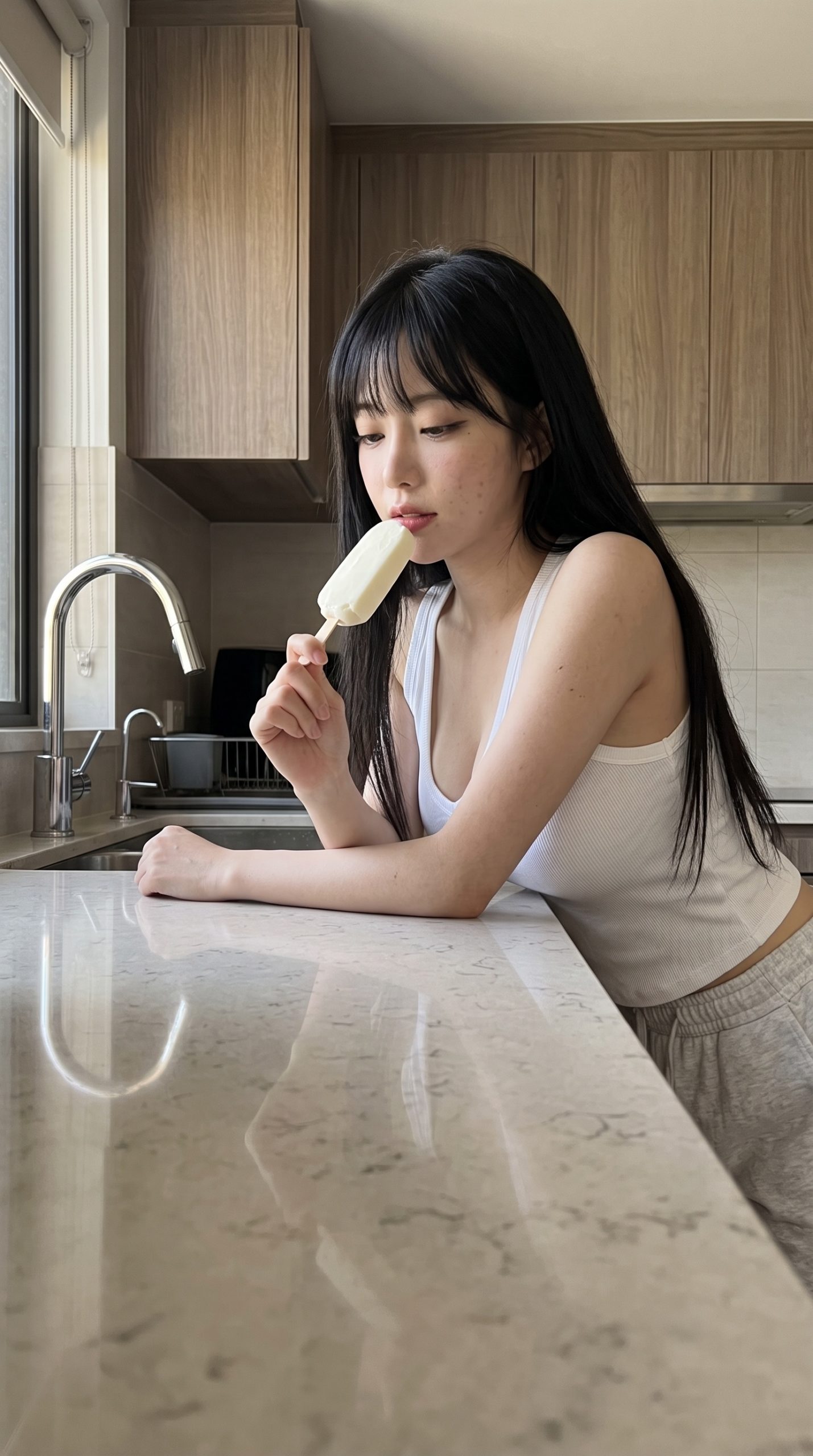 キッチンのカウンターに寄りかかり、アイスキャンディーを食べる女性