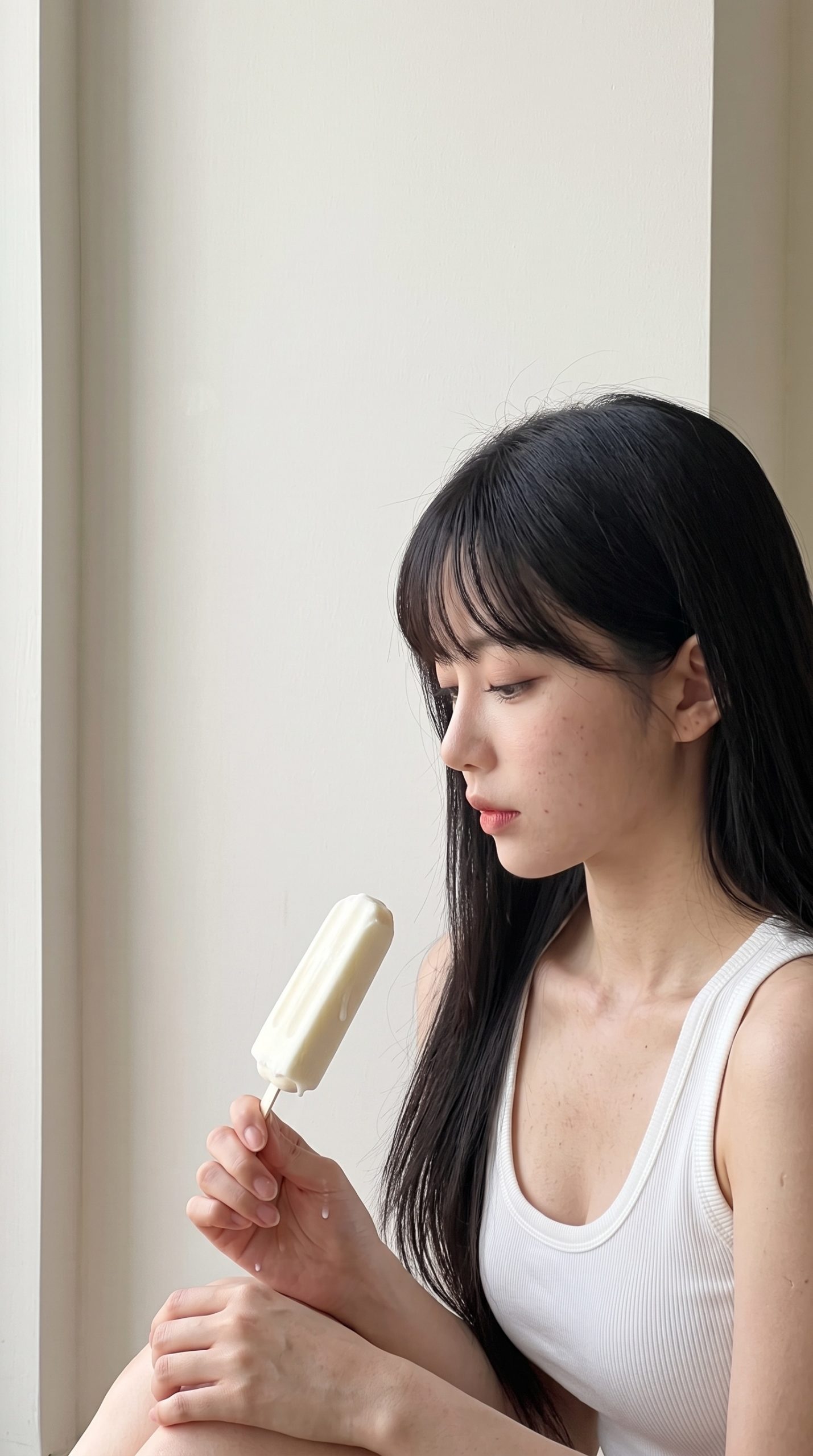白いタンクトップを着た黒髪の女性が白いアイスキャンディーをじっと見つめる姿