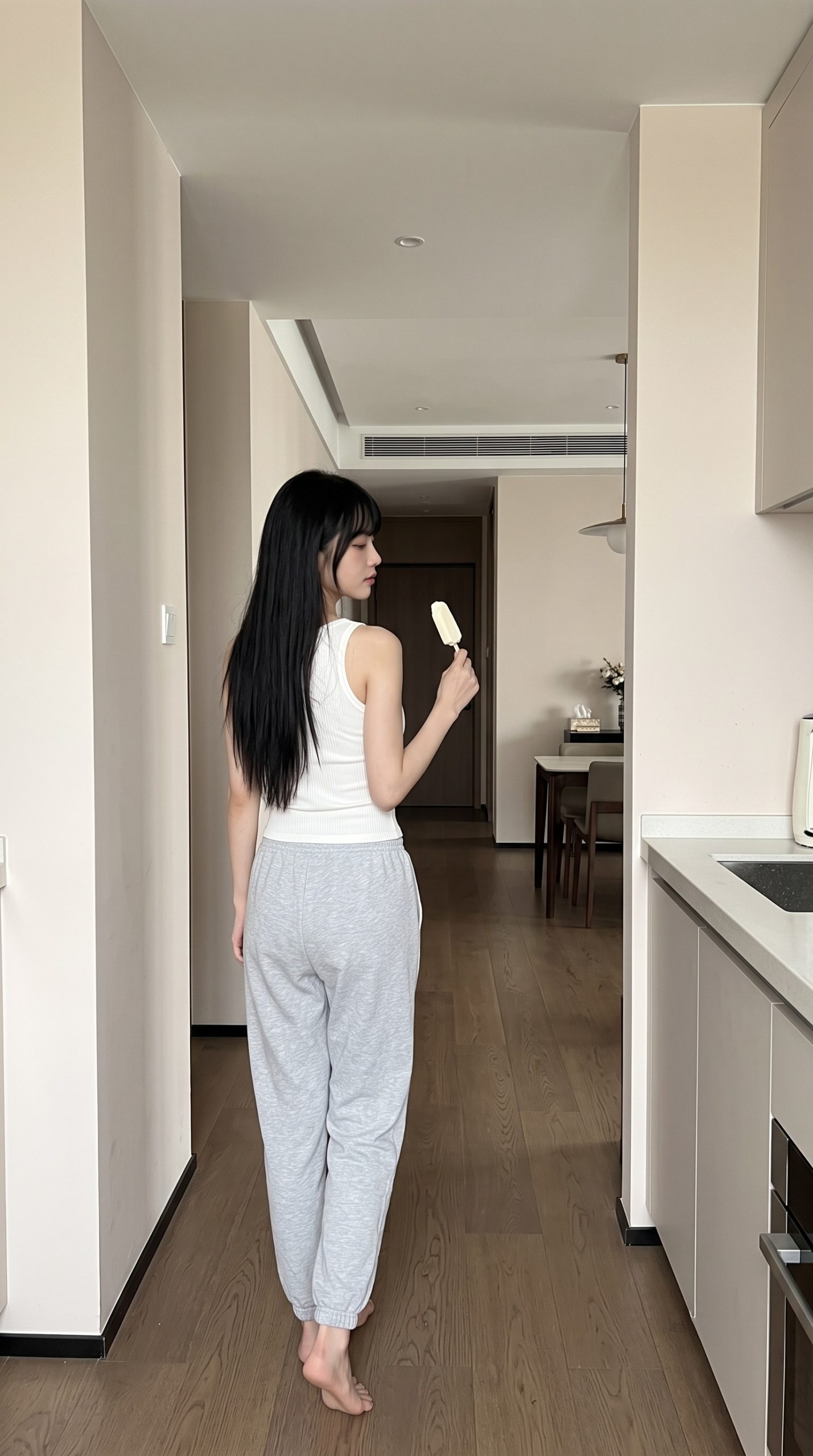 部屋でアイスキャンディーを持ち、横を向いて立つ黒髪の女性