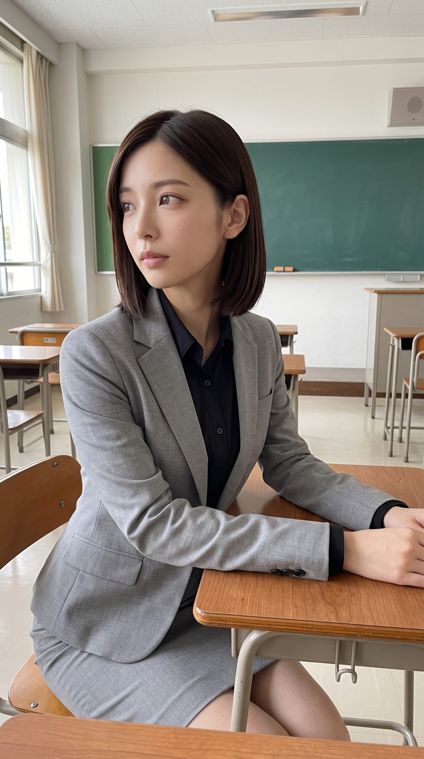 教室の机に座り、窓の外を見つめるグレースーツ姿の女性