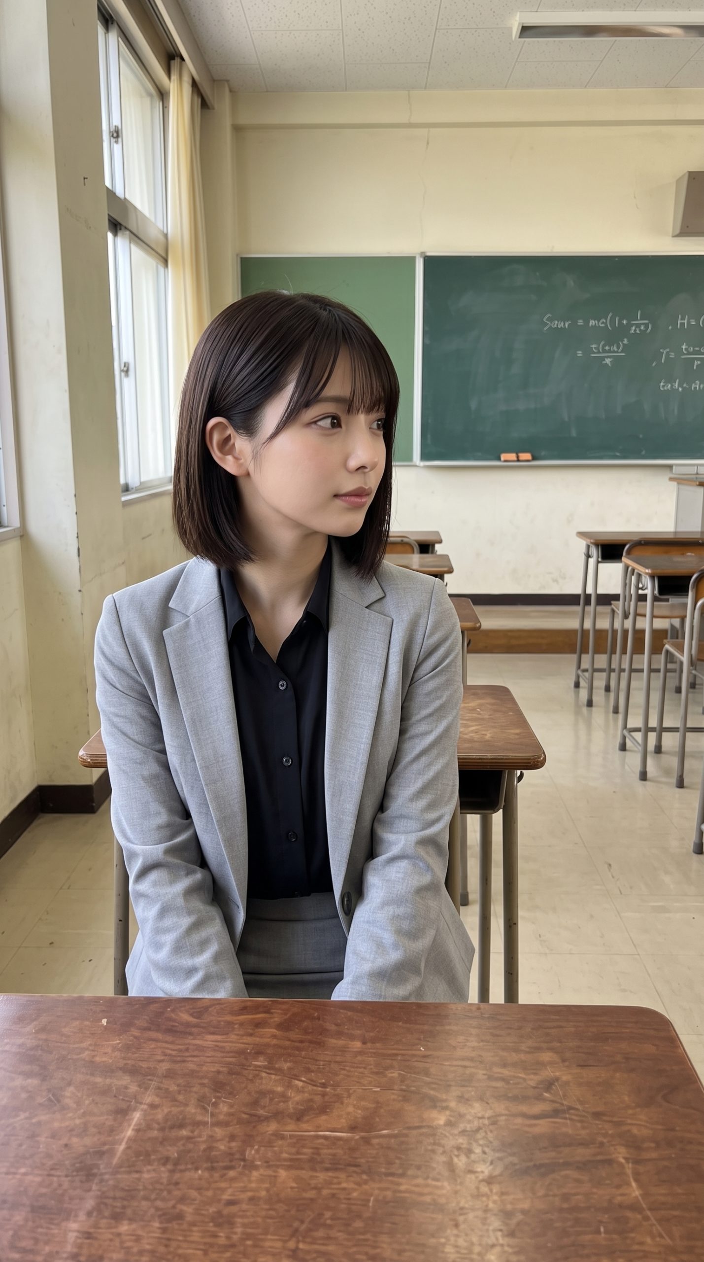 教室の机に座り横を見つめる、グレースーツ姿のショートカットの女性