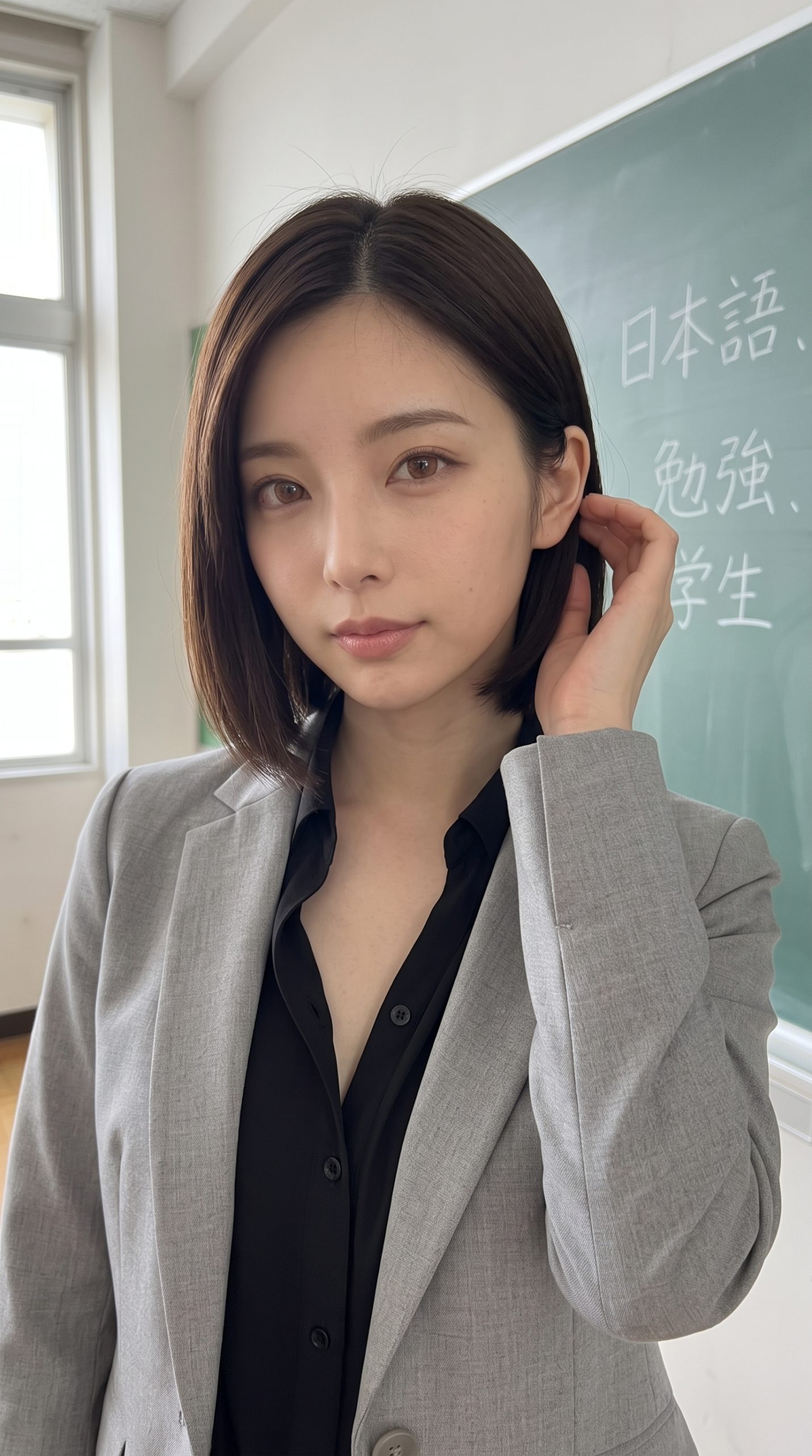 教室の黒板の前で髪に手を添える、グレースーツ姿の女性