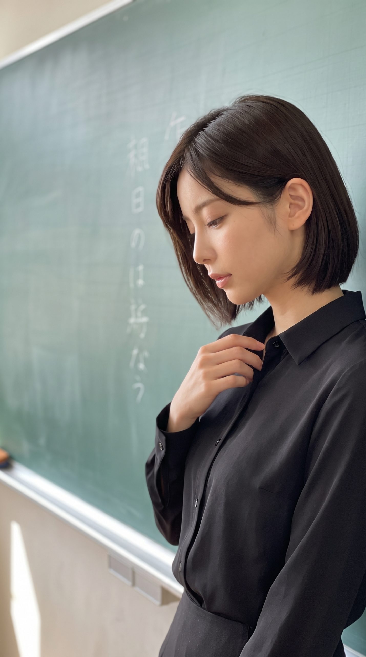 黒板の前に立ち、襟元に手を添えて静かに佇む黒いシャツの女性