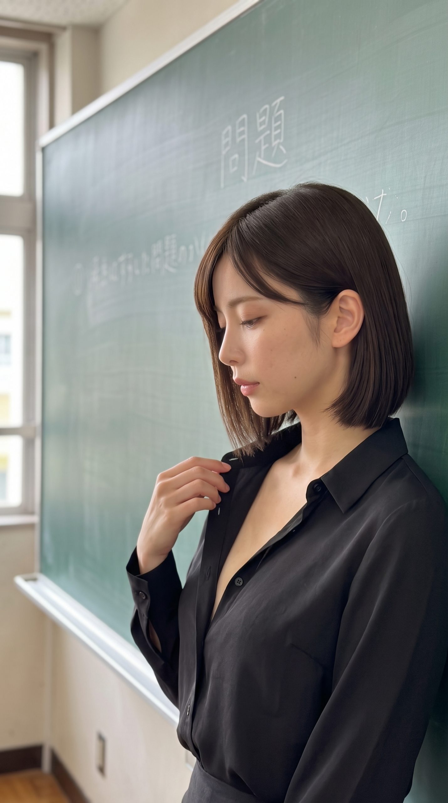 教室の黒板の前に立ち、襟元に手を添えるショートボブの黒シャツを着た女性