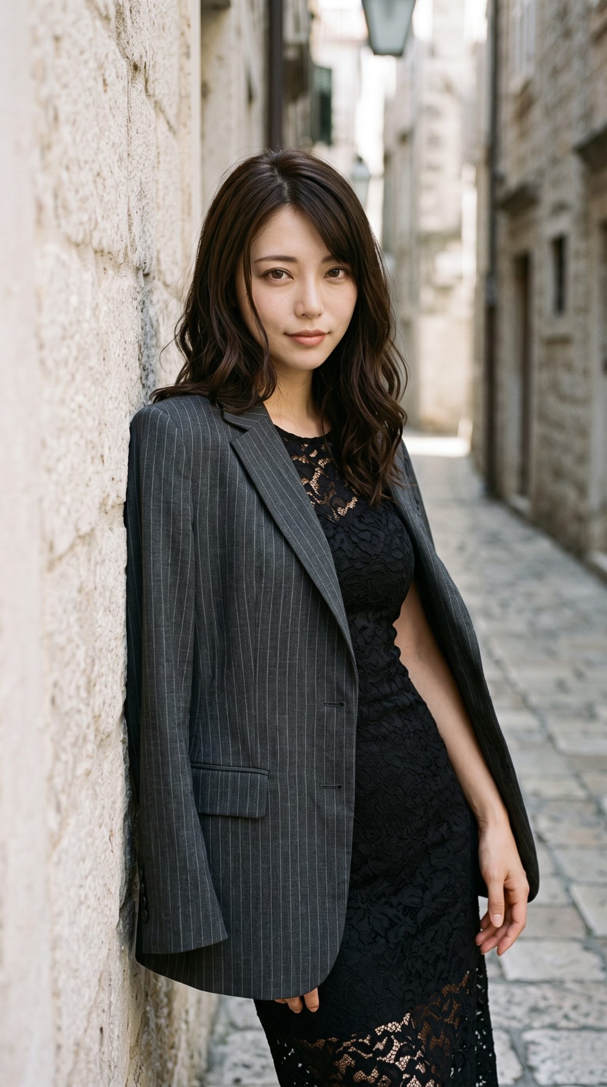 石造りの路地で、黒いワンピースにストライプのジャケットを羽織り、壁に寄り添う女性。