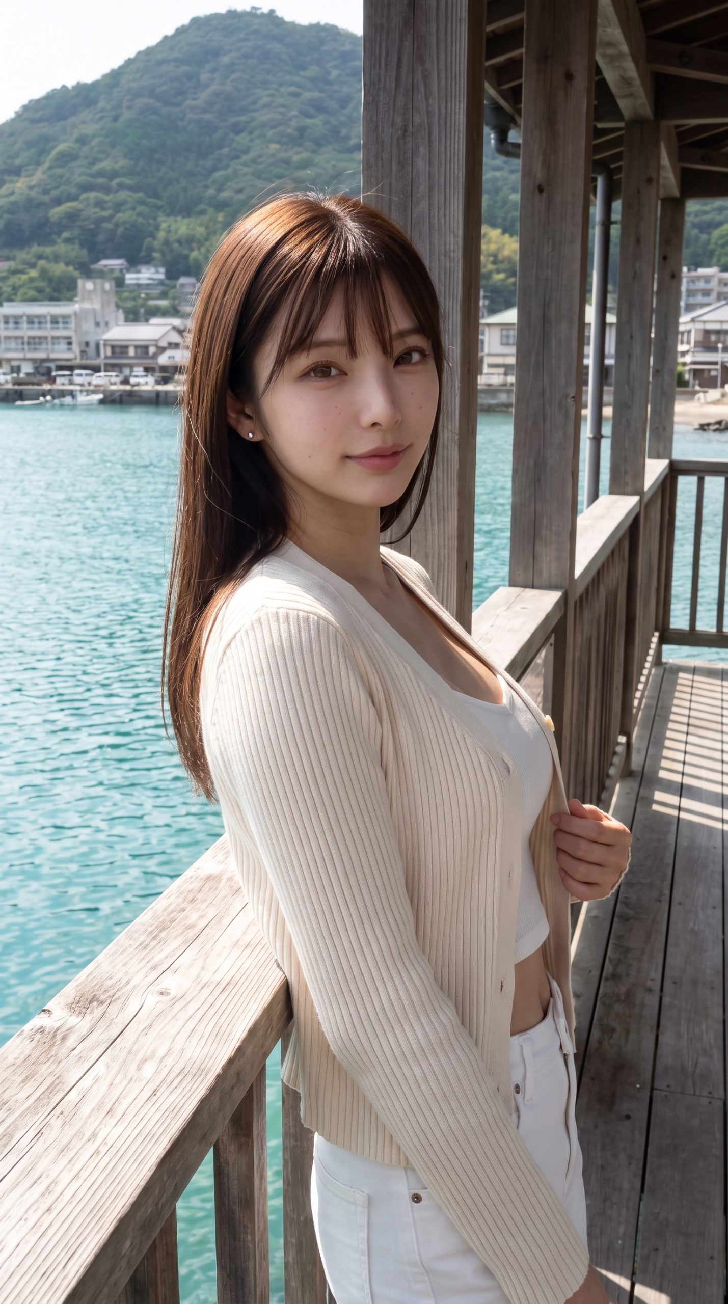 海沿いの木造デッキに立ち、穏やかな表情でこちらを見つめる若い女性。