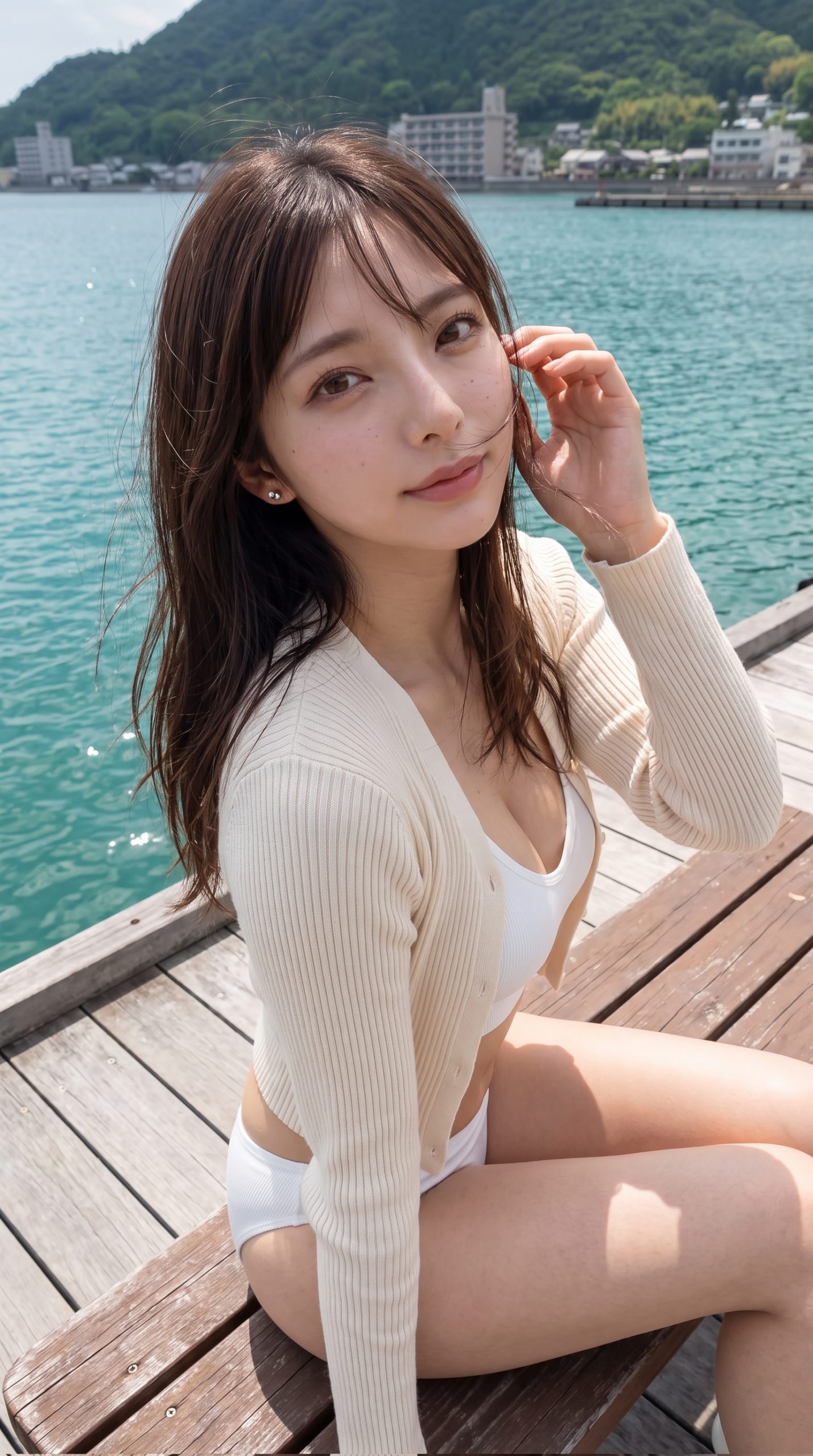 海辺の木製デッキに座り、白いインナーとカーディガンを着用した笑顔の女性。