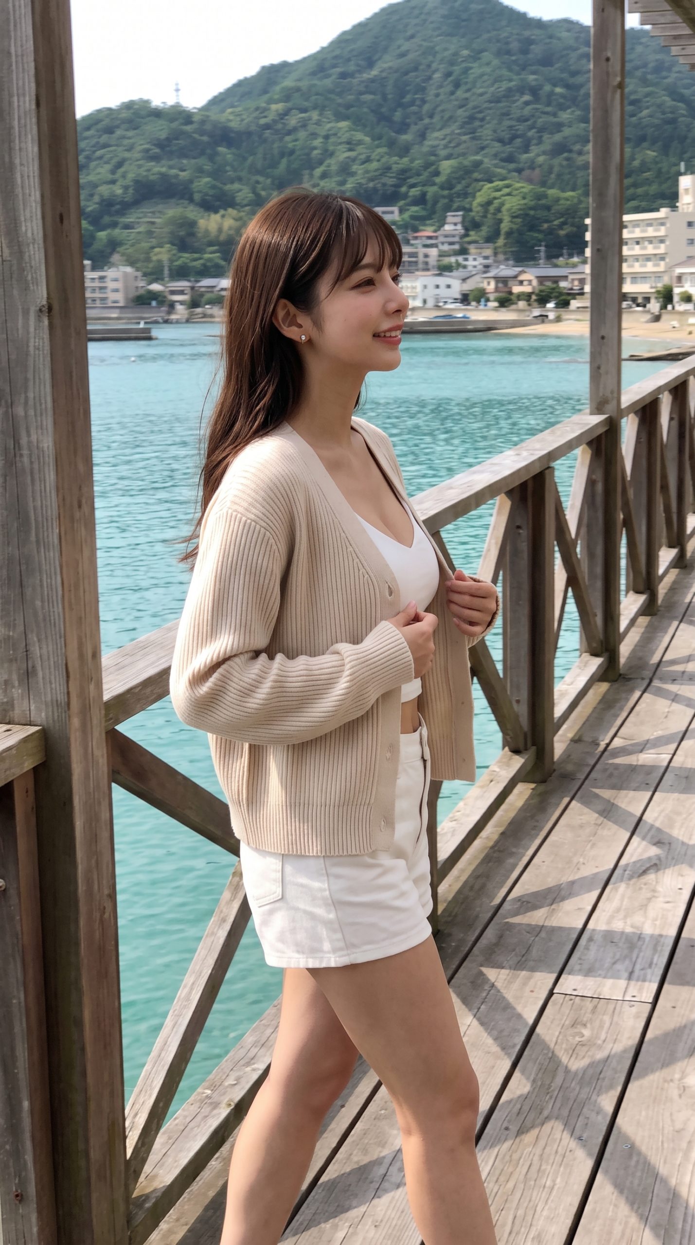 ベージュのカーディガンを着た女性が、海辺の木の桟橋で微笑みながら立っている。