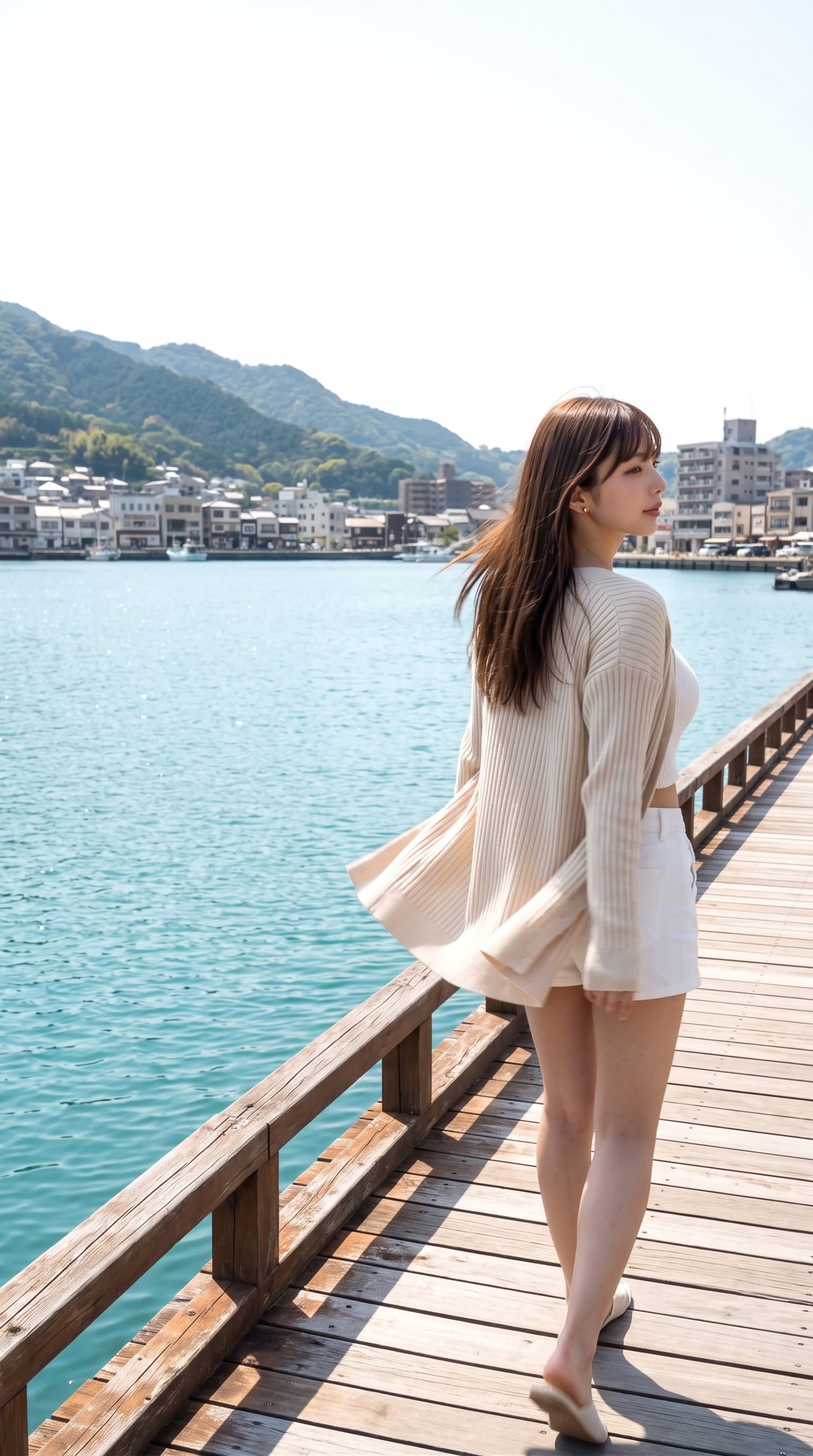 海沿いの木製桟橋を歩き、振り返る女性。背景には山と町並みが広がっている。