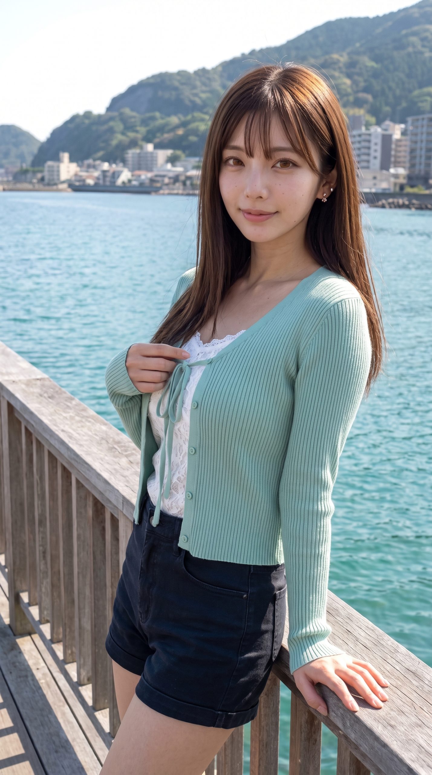 海辺の木製手すりに寄り添い、淡いグリーンのカーディガンを着て微笑む若い女性。
