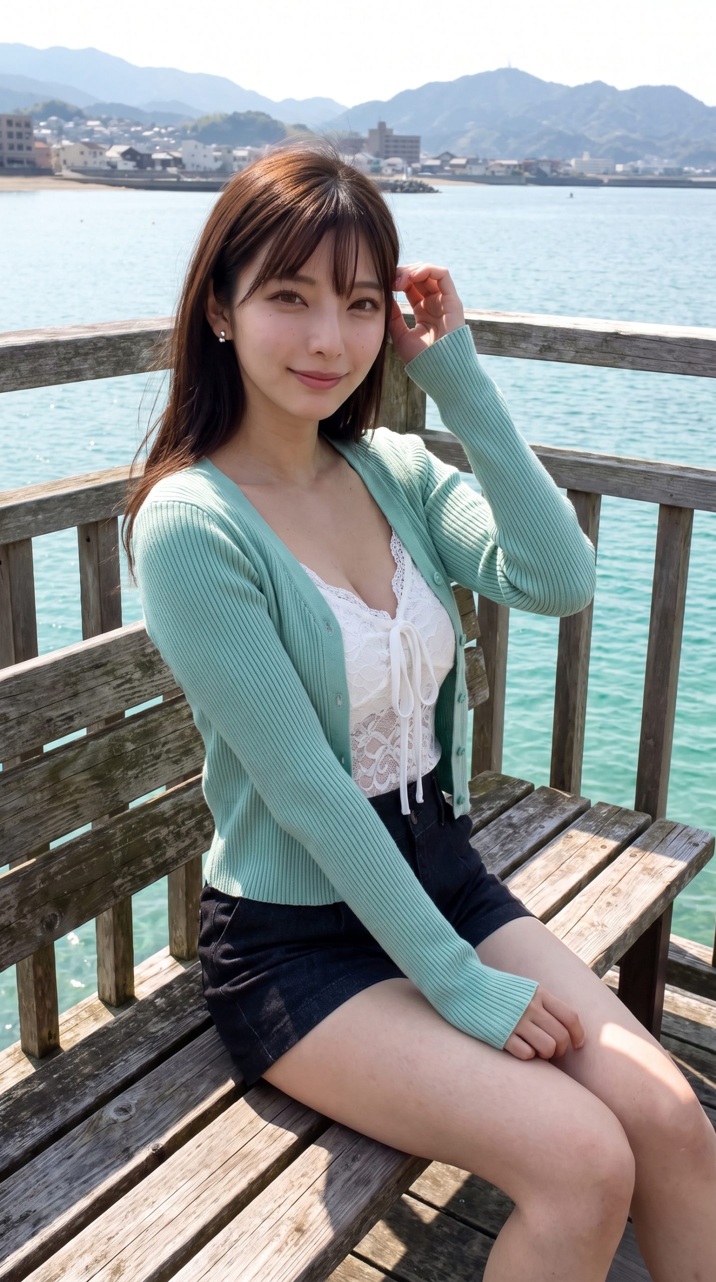海辺の木製ベンチに座り、淡いグリーンのカーディガンを着て微笑む若い女性。