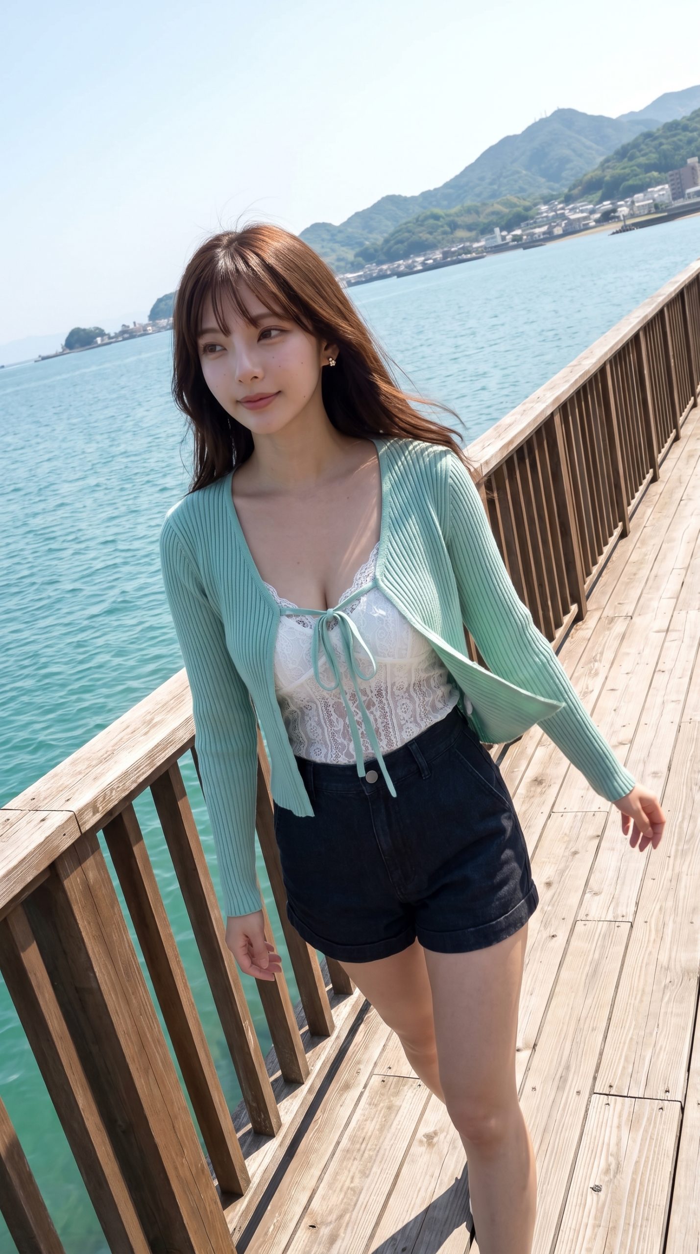 海辺の木道で、淡い緑色のカーディガンと白いレースのトップスを着た若い女性が歩いている様子。