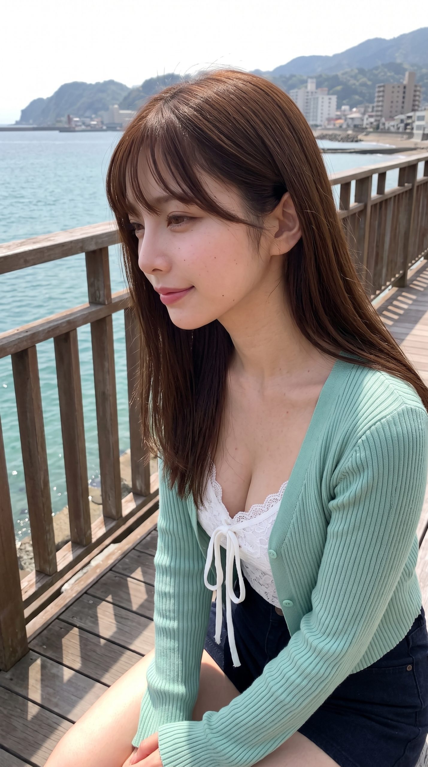 海辺の木道で、淡い緑色のカーディガンを着た女性が横を向いて微笑んでいる。