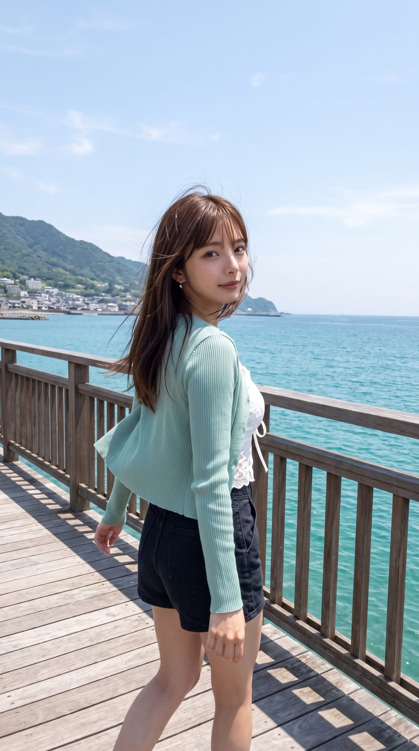 晴れた日の海辺の木道で、こちらを振り返るライトグリーンのカーディガンを着た女性。