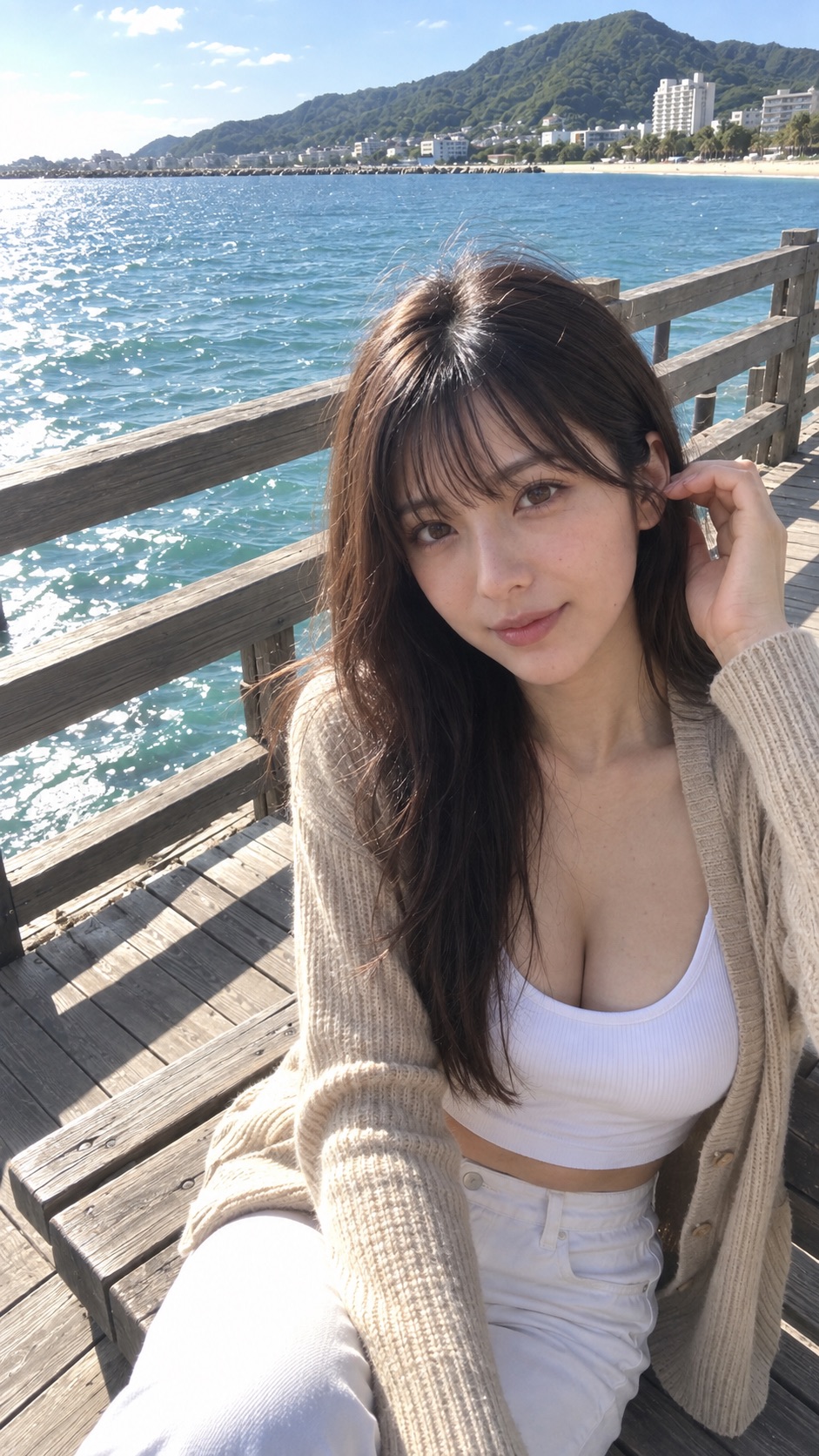海辺の木製デッキに座り、カメラを見つめるロングヘアの女性。