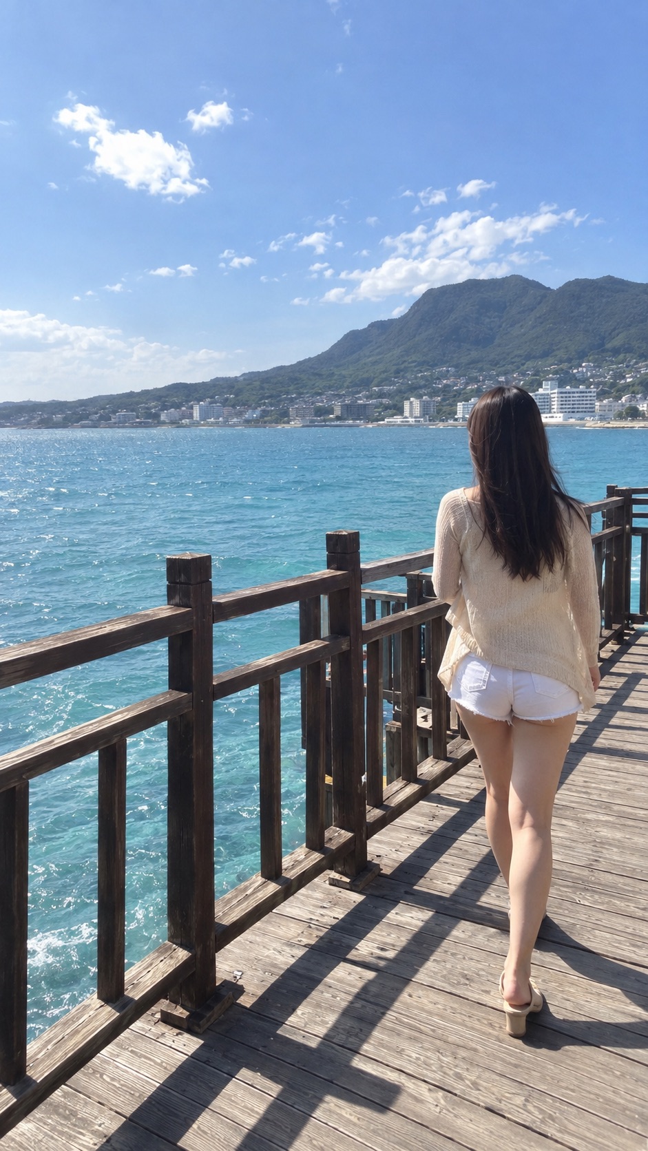 海辺の木道で、青い海と山々の景色を眺めながら歩く後ろ姿の女性。