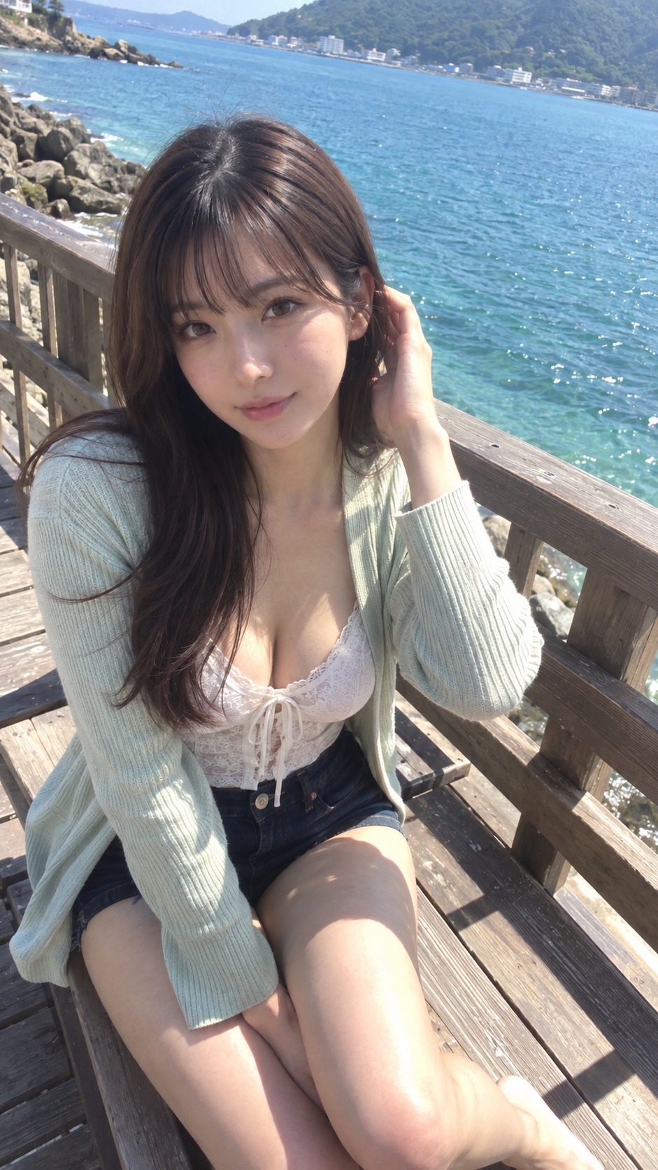 海を背景にした木製のテラスに座り、髪に手を添えてカメラを見つめる女性。