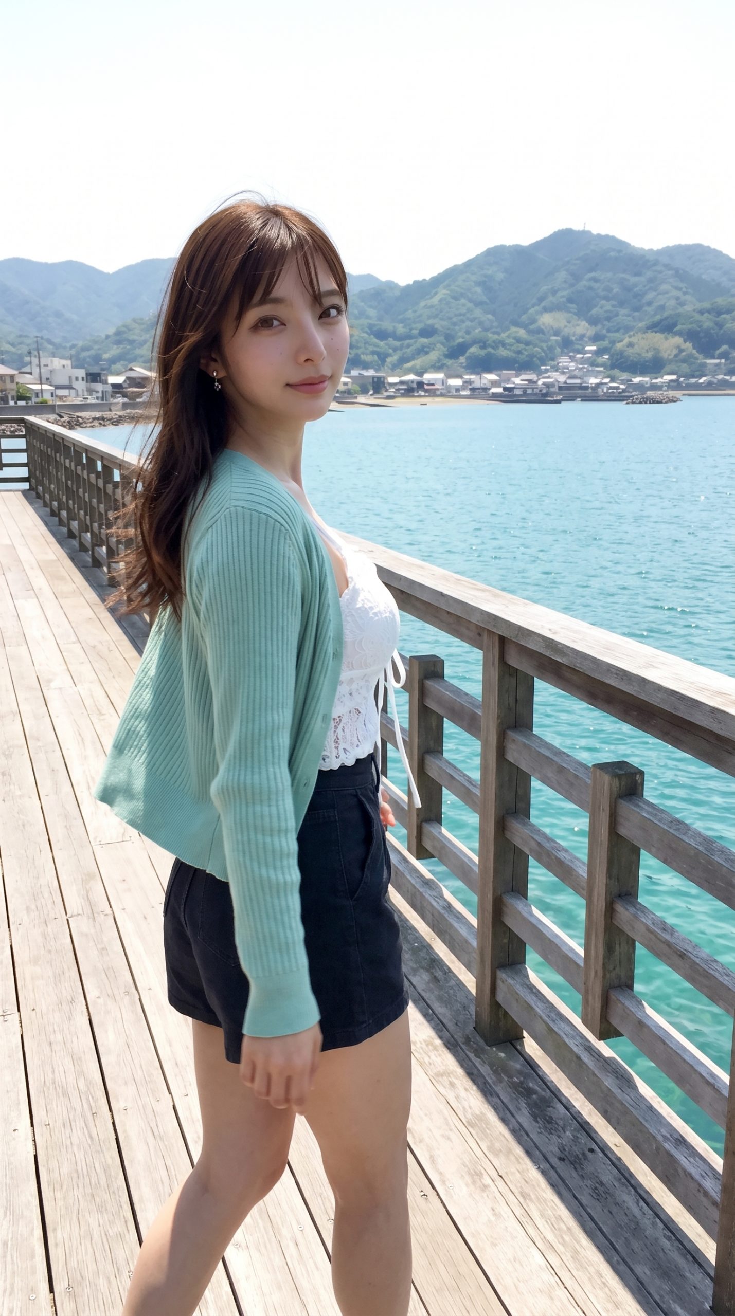 海沿いの木製デッキを歩き、カメラを振り返る薄緑色のカーディガンを羽織った女性。