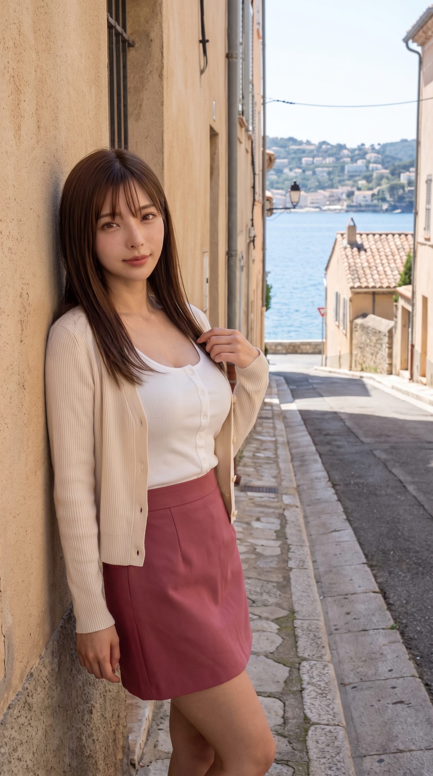 海沿いの小道で壁にもたれかかる、白いインナーとカーディガンを着用した若い女性。