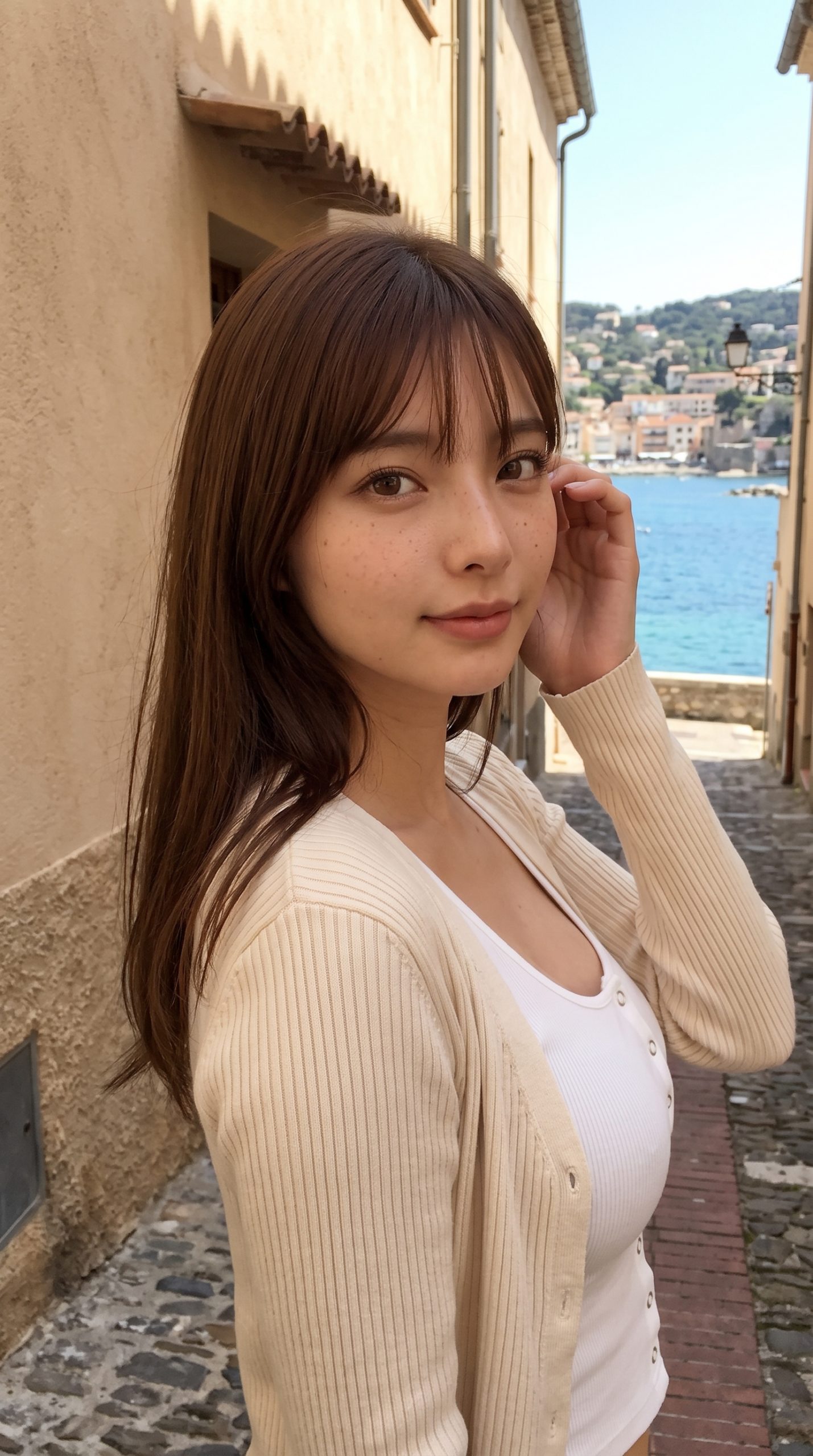 海沿いの路地に立ち、こちらを向いて微笑むロングヘアの女性。