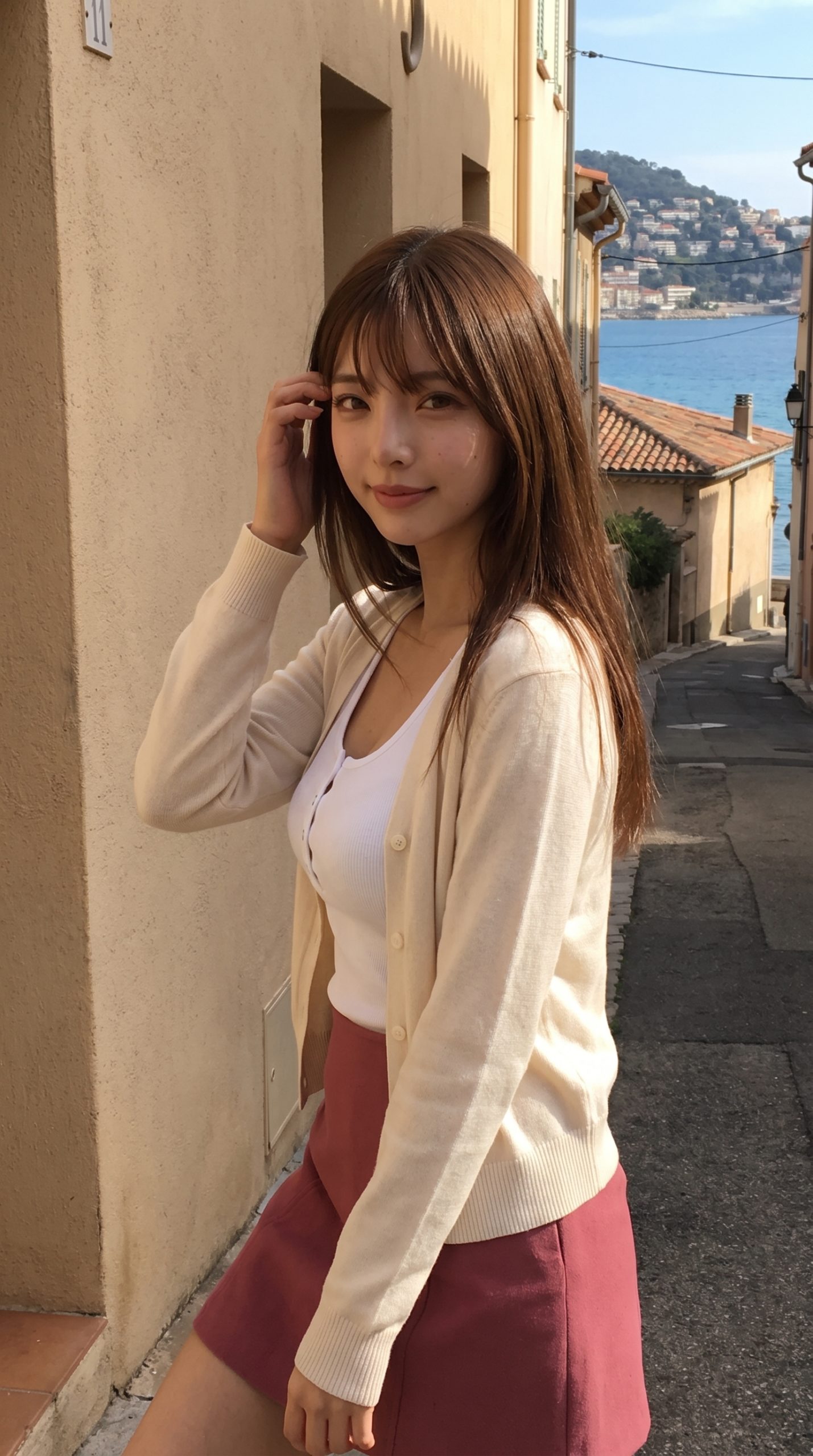 地中海の街並みを背景に、白いインナーとカーディガンを着用した女性がこちらを向いて立っている。