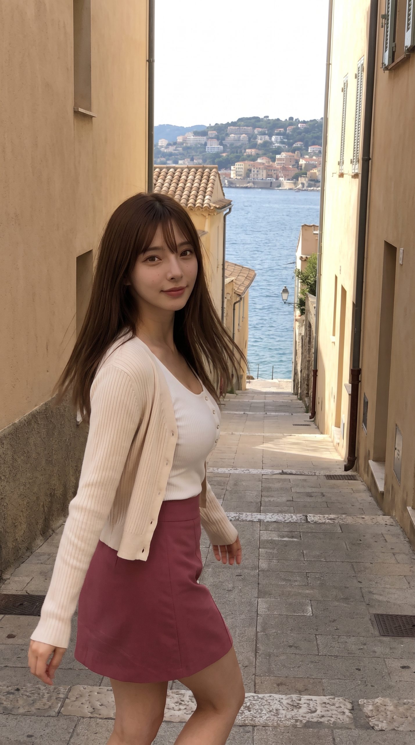 ヨーロッパの路地裏で振り返る、明るい髪の女性。背景には海と街並みが広がっている。