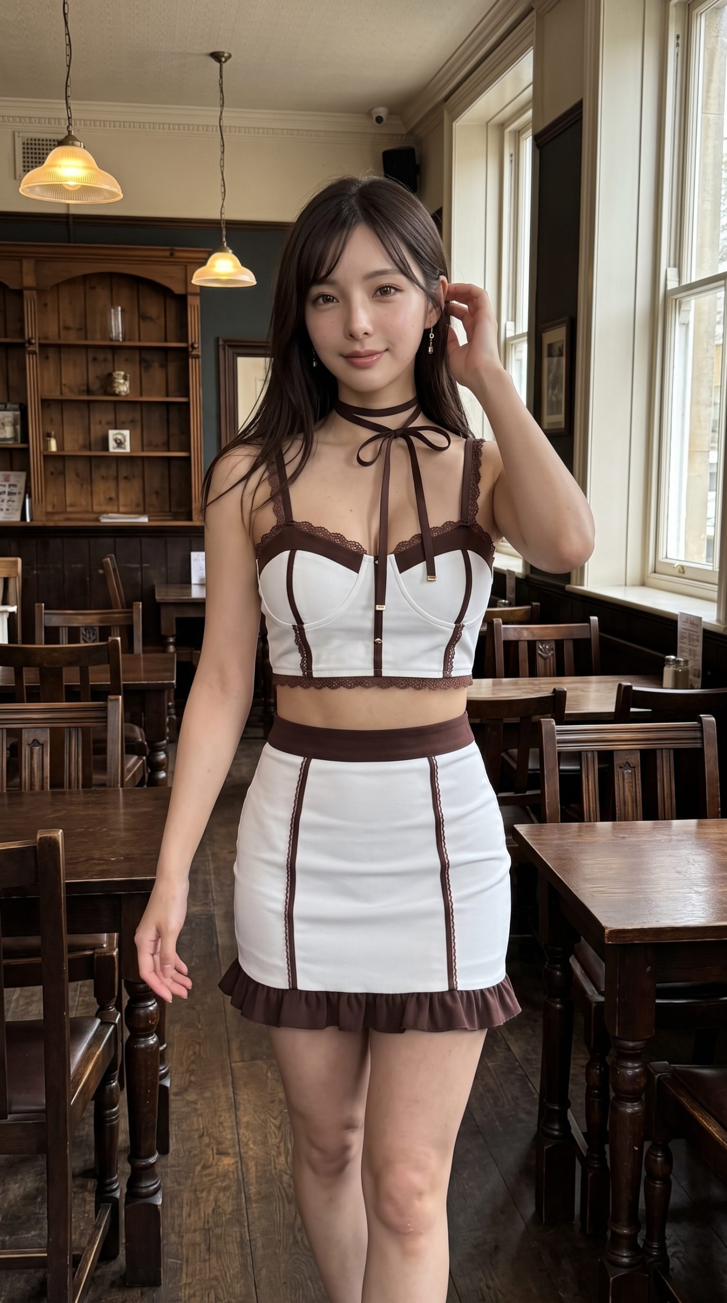 木目調のカフェ店内で白と茶色のセットアップを着て立つ女性