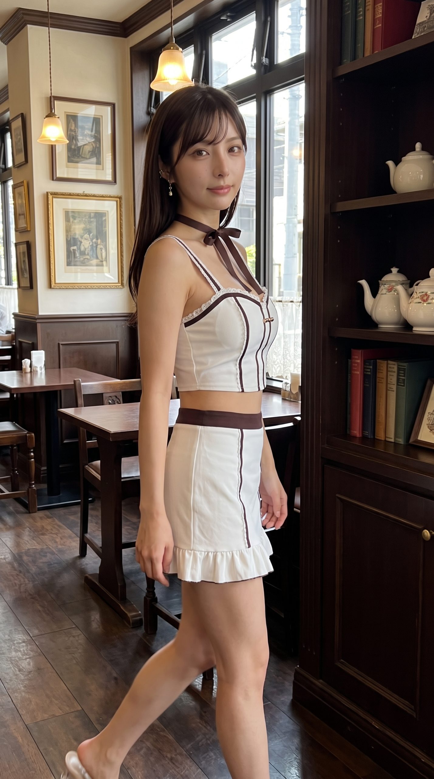 カフェのような落ち着いた空間で、白と茶色の衣装を身につけて立つ女性。