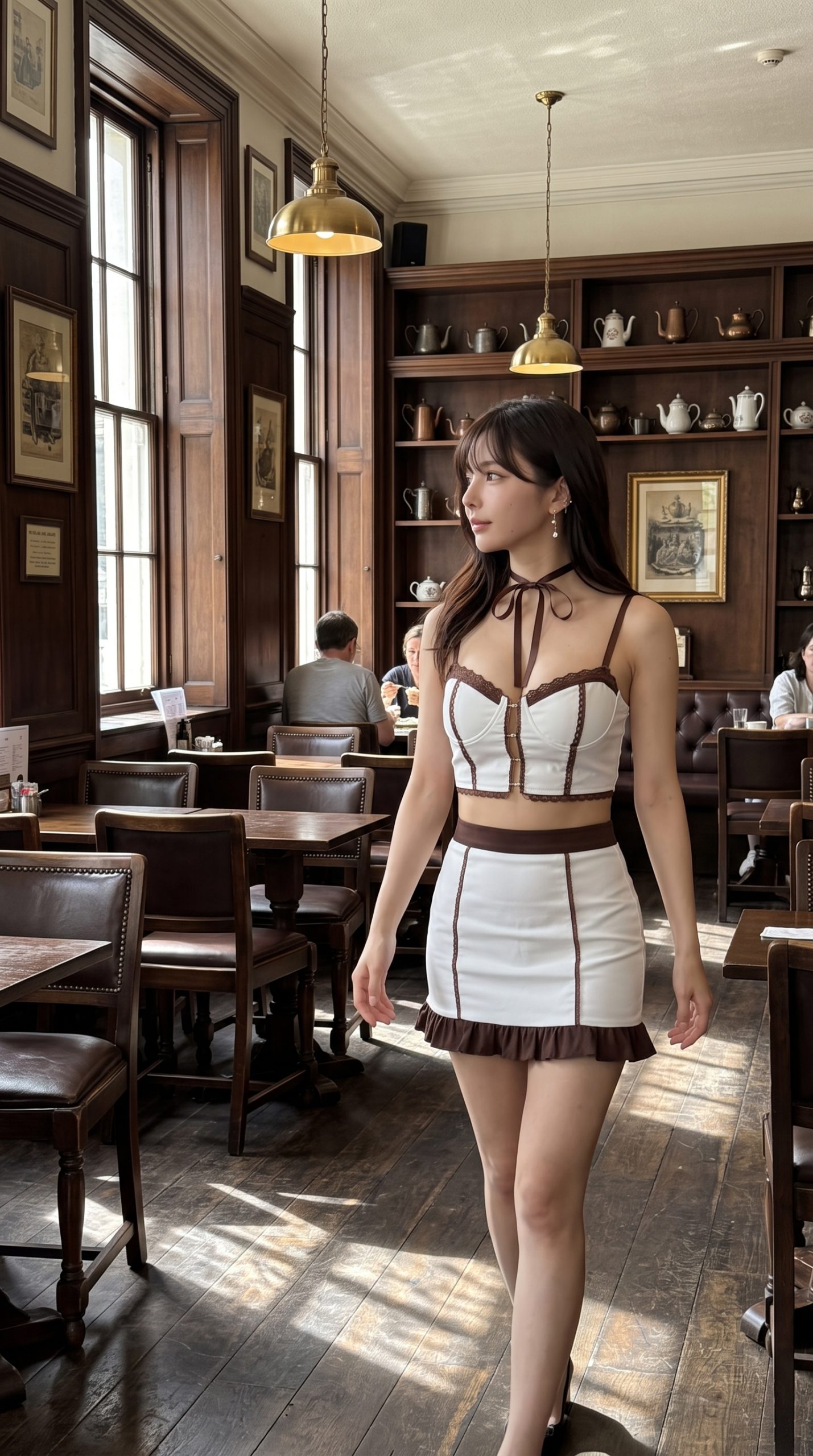 アンティーク調のカフェで、白と茶色のセットアップを身にまとい、視線を横に向けた女性が立っている様子。