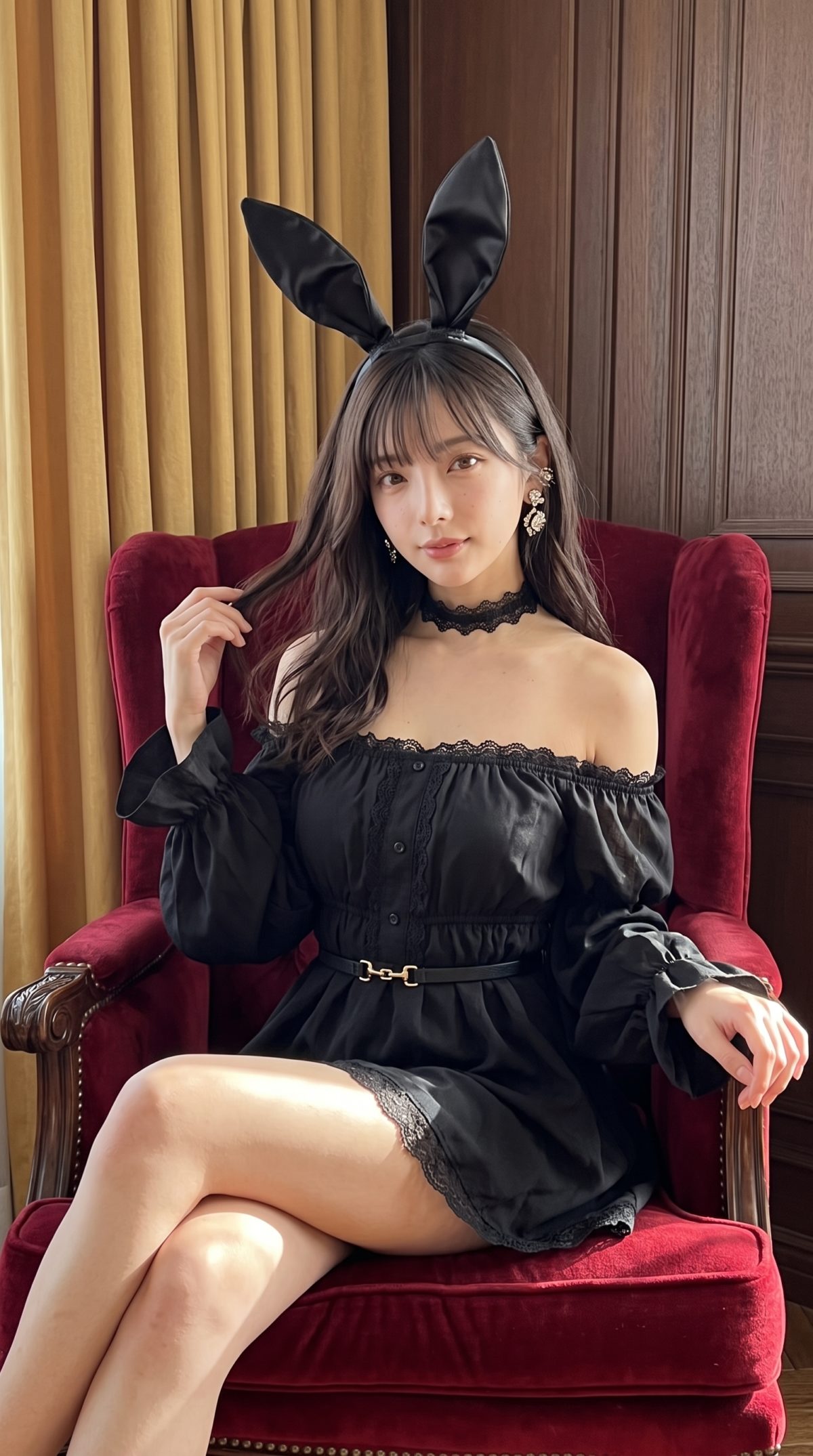 黒いウサギの耳のカチューシャをつけ、黒いオフショルダーのワンピースを着用して赤い椅子に座る女性。