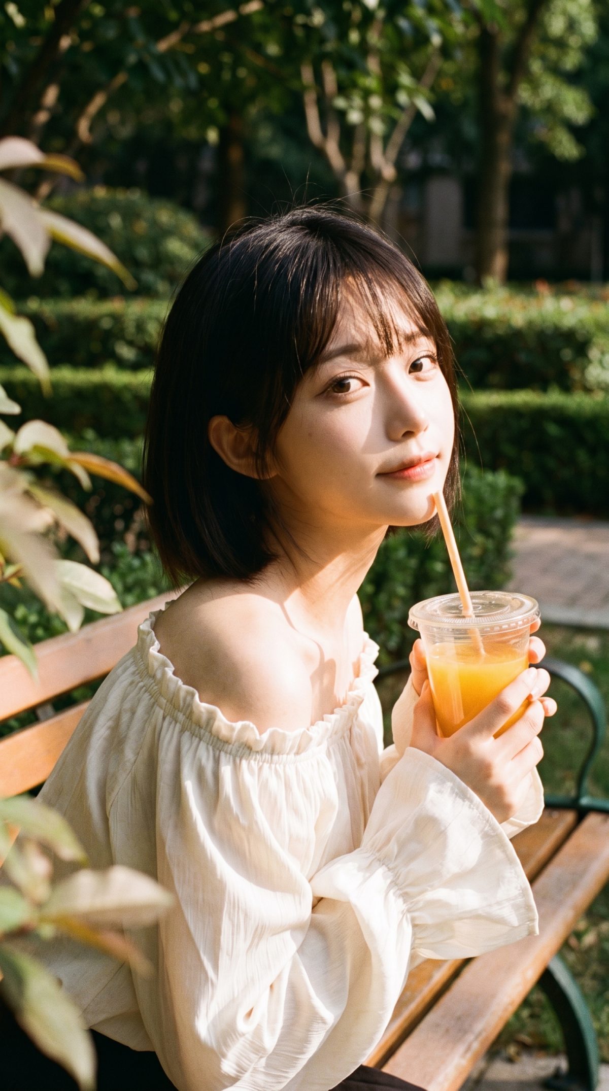 公園のベンチでオレンジジュースを手に持ち、こちらを向いて微笑むショートヘアの女性。