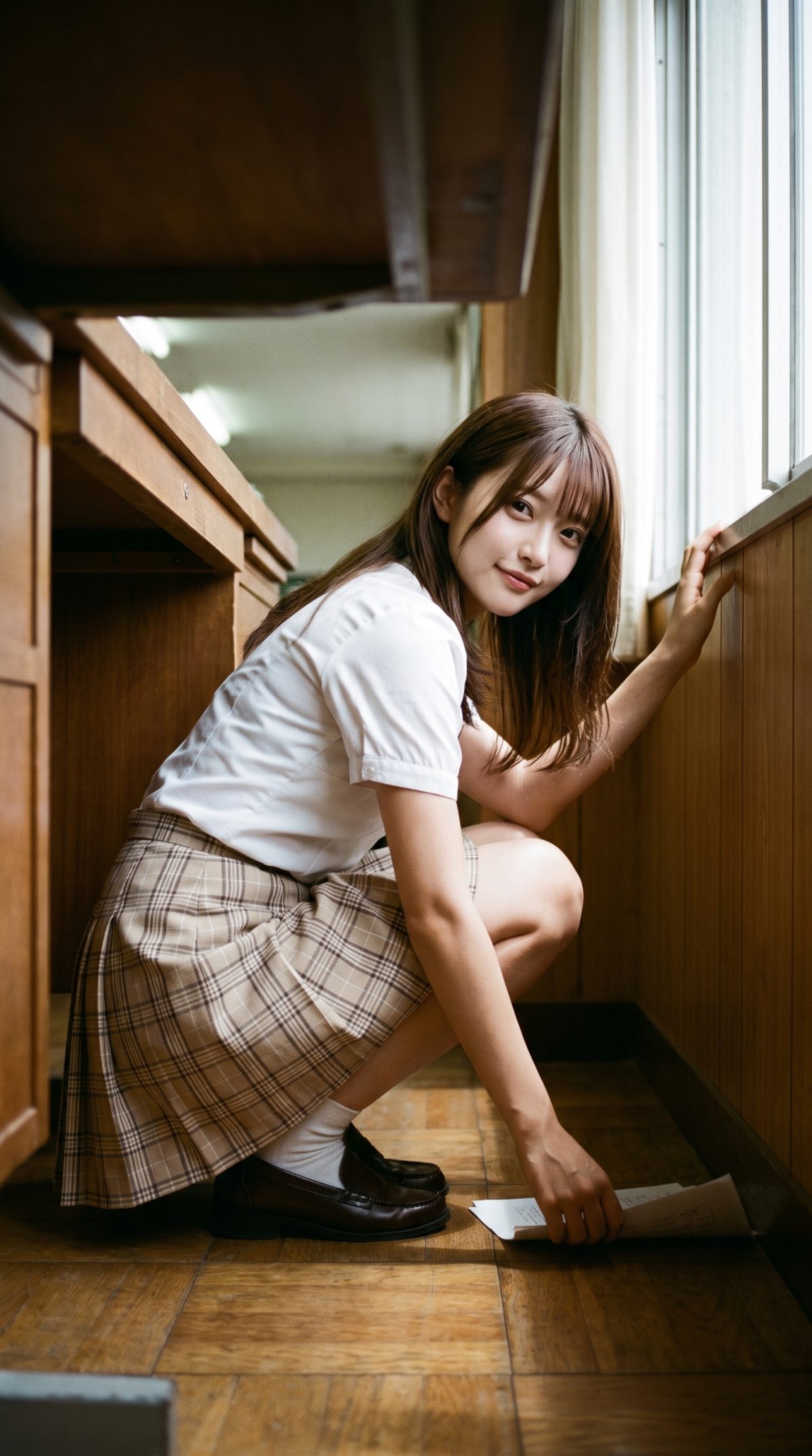 制服姿で床にしゃがみ込み、書類に手を伸ばしてこちらを見つめる女性。