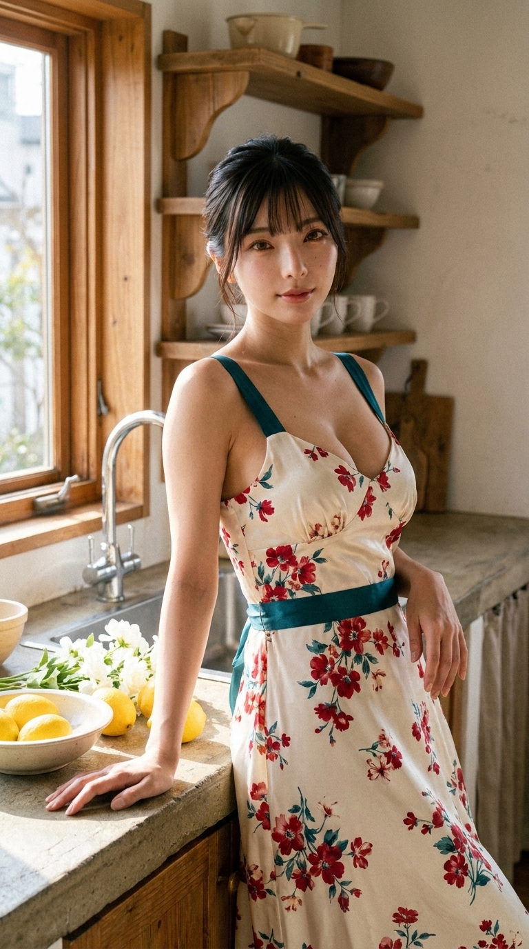 花柄のキャミソールワンピースを着て、キッチンのカウンターに寄り添い立つ女性。